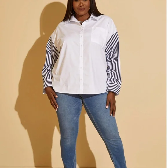 Plus ASHLEY STEWART Blue Striped Sleeved White Cotton Blend Shirt 14 - Picture 4 of 5